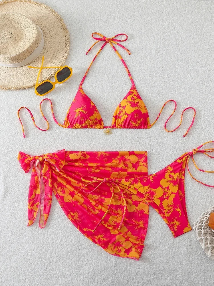 Floral Three Piece Bikini Set