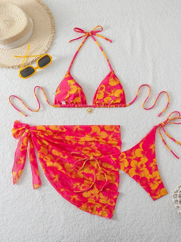 Floral Three Piece Bikini Set